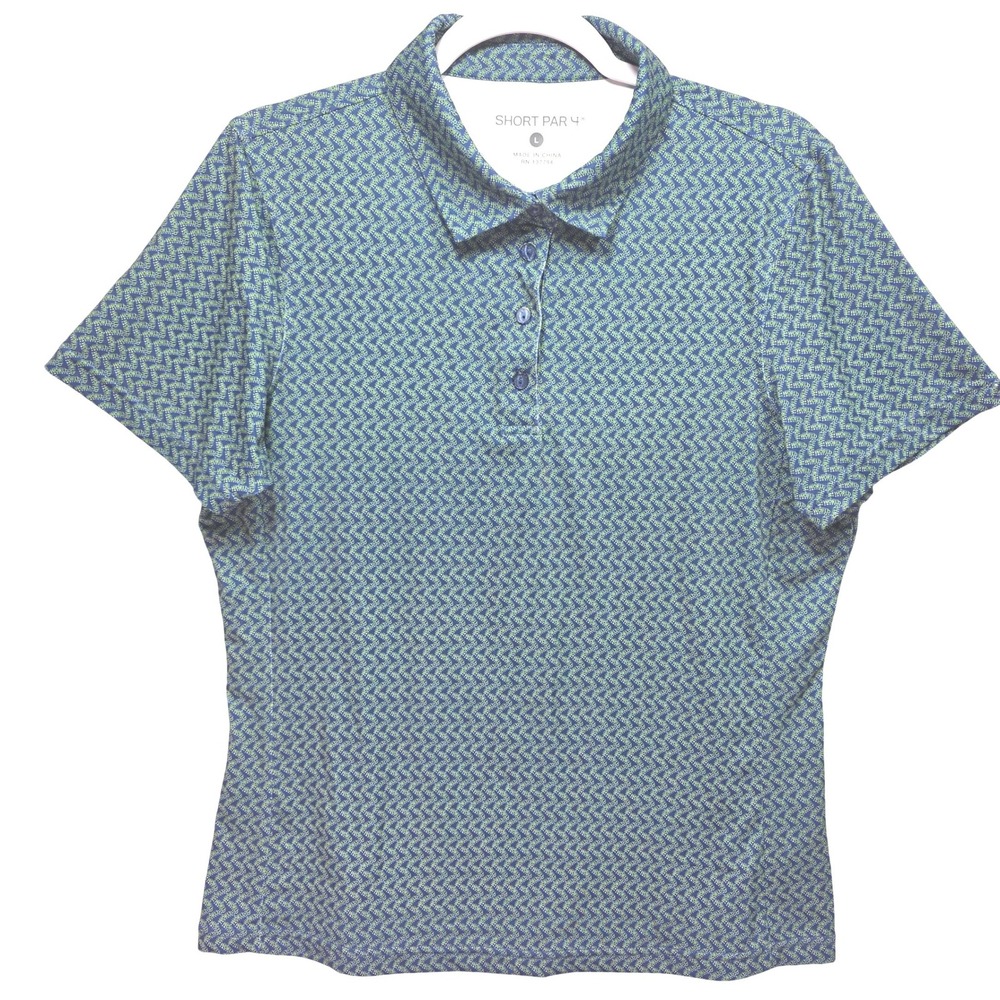 Short Par 4 World Amature AOP Polo Golf Shirt Womens L Blue Green Preppy Active